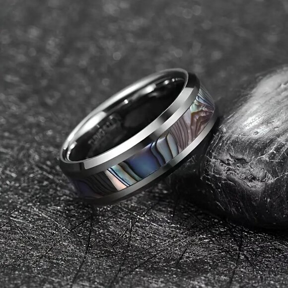 Tungsten Steel Carbide & Abalone Carbon Inlay Design statement Ring - Picture 4 of 7